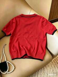 New Knitted Casual Short Sleeve Top, Minimalist Loose Fit Round Neck Embroidered Lightweight Blouse Vacation - Red - View 2