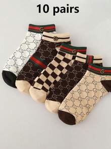 1/5/10 pares de calcetines de corte bajo de moda para hombre, calcetines de barco con patrón clásico GG de moda para hombre, calcetines de estilo de lujo, para todas las estaciones - Multicolor - Ver 12