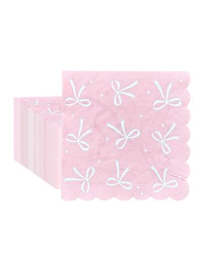 20pcs/40pcs/100pcs Pink Bow Paper Napkins,Disposable Cocktail Napkins With Scalloped Edge, Cute White Bow & Star Print Luncheon Napkins For Coquette Birthday, Bridal Shower, Baby-Shower, Wedding, Tea Party,Theme Party Decorations Men Women