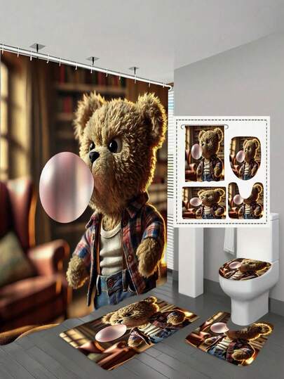 4pcs/Set Fashionable Plush Teddy Bear Inflatable Balloon Shower Curtain Set, Includes Non-Slip Rug, Toilet Mat, Bath Mat, Opaque Shower Curtain And 12 Durable Hooks, High-Quality Bathroom Decor And Accessories, Suitable For All Furniture Styles