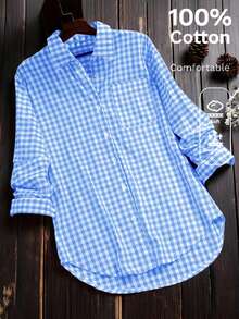Women's Casual Vintage Plaid Long Sleeve Collared Button-Up Shirt, Spring/Summer - Light Wash - View 4