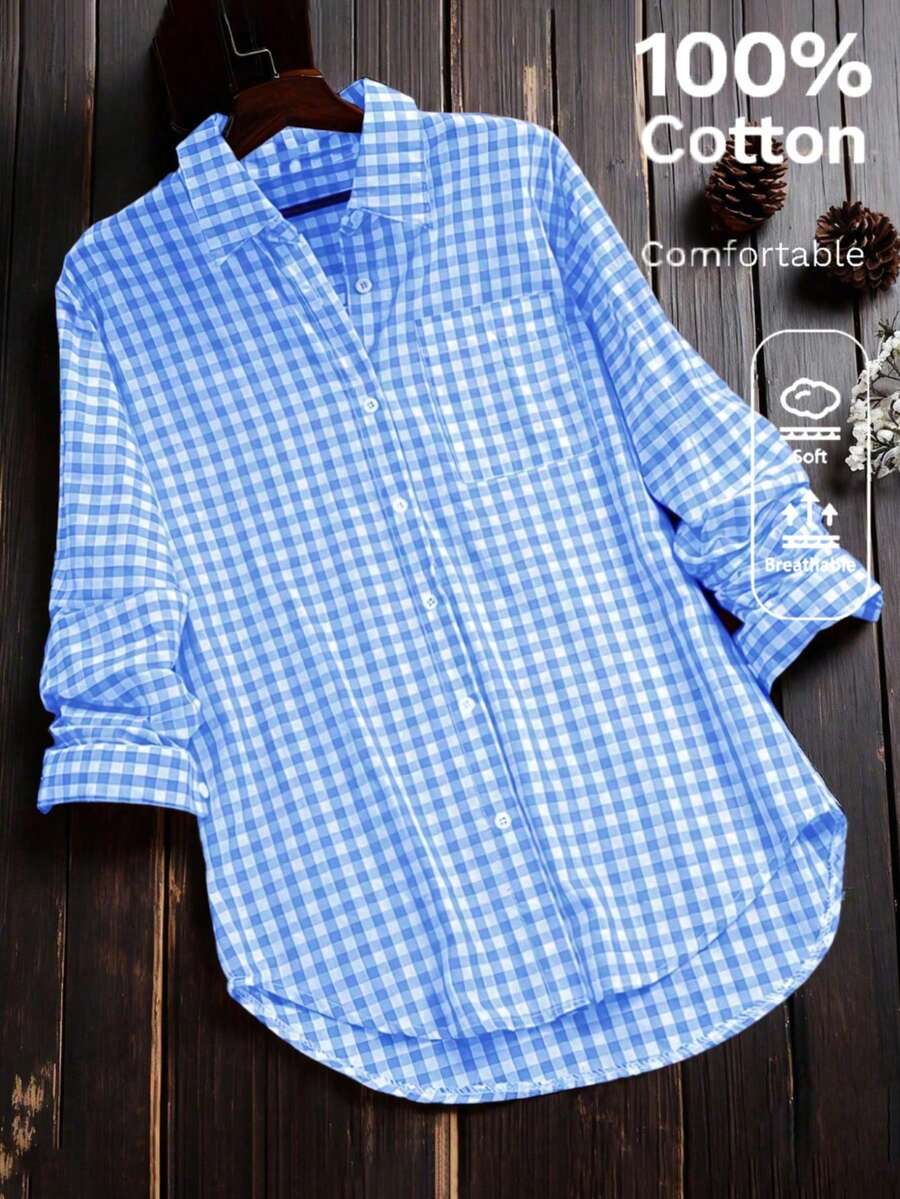 Women's Casual Vintage Plaid Long Sleeve Collared Button-Up Shirt, Spring/Summer - Light Wash - View 1