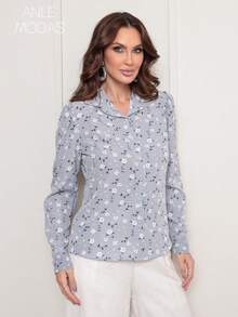 Camisa Estampado Floral Feminina de Manga Longa Elegante - Cinza - Visão 5