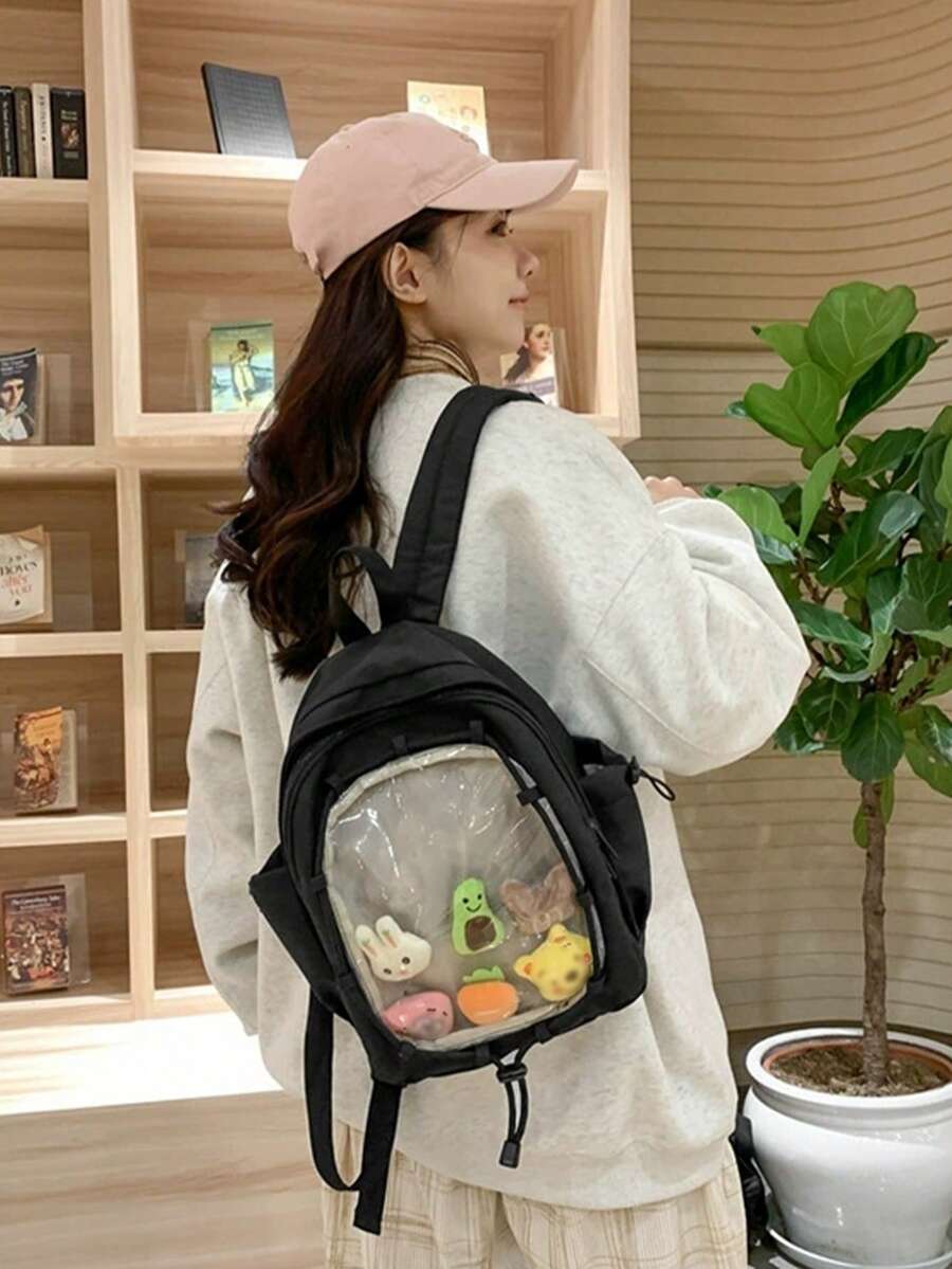 1pc New Japanese Anime-Style Nylon Backpack, Cute Girly Travel Daypack With Drawstring Contrast Color Design, Transparent Window For Displaying Figurines, Small Capacity High-Fashion School Bag, Customizable Ita Bag Suitable For Students, Shopping, Parties, Displaying Anime Merchandise, Gifts