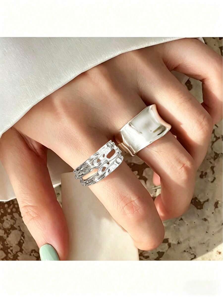 2 piezas Anillos abiertos envueltos con línea geométrica asimétrica minimalista y de moda, adecuados para vacaciones, fiestas, citas, regalos y combinación diaria de mujeres - plata - Ver 1