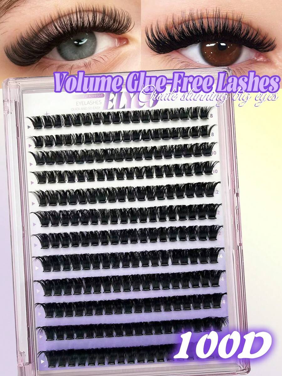 Racimos de pestañas postizas ELYCO 100D216 de 12 filas sin pegamento, de 0.07 mm de grosor y longitud mixta de 8-16 mm, con diseño 3D realista, grueso y rizado, reutilizables, suaves y amigables con la piel, sin irritación y con diseño segmentado para uso diario - D - Ver 1