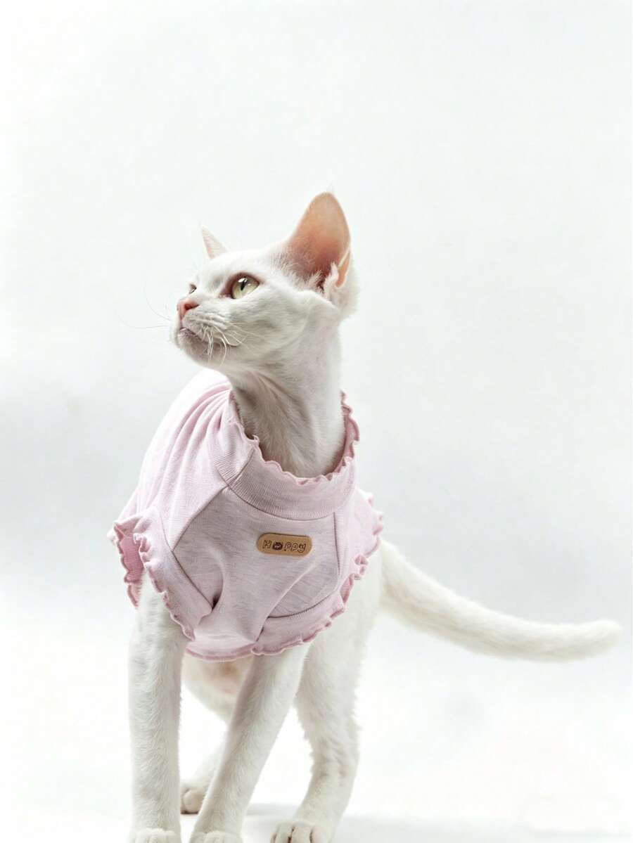 Hairless Sphynx Cat Breathable Vest, Pink Lace Trim Undershirt, High Elasticity Soft & Skin-Friendly Solid Color T-Shirt For Pet Cats, Spring/Summer - Pink - View 1