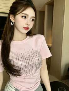 Women's Rhinestone Print Round Neck Short Sleeve Casual T-Shirt, Summer Pink - Pink - View 3