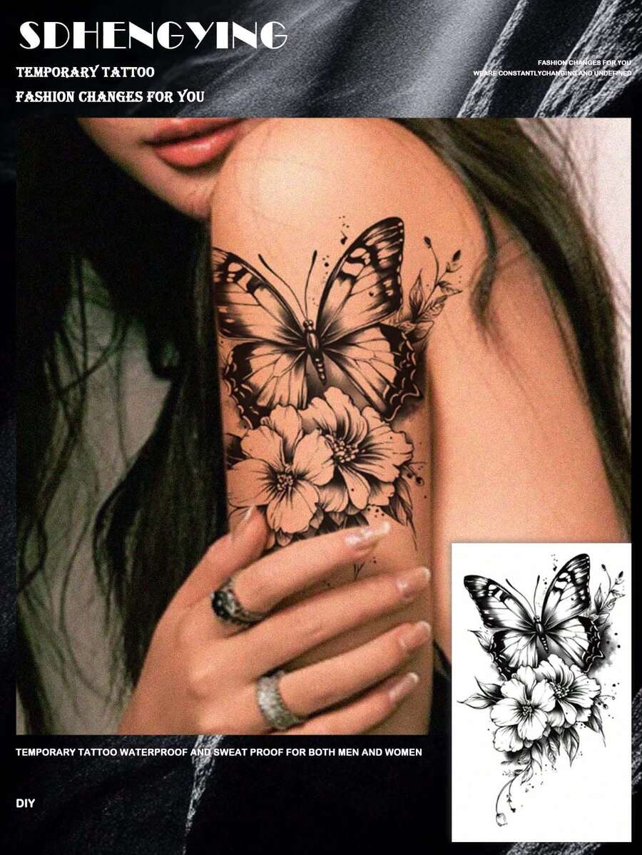 1 pieza Tatuaje temporal de mariposa y flor de moda, pegatina de tatuaje de papel, tatuaje falso multiusos para el Body apto para brazos, pecho, abdomen y espalda - , fácil de aplicar y retirar - Negro - Ver 1