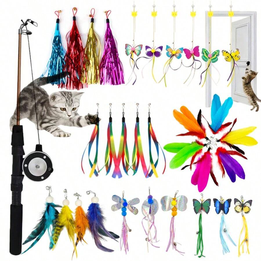 Extendable Cat Teaser Wand Toy, Indoor/Outdoor Cat Interactive Fishing Rod Toy With Replaceable Feather, Caterpillar, Butterfly And Fish Decorations - View 1
