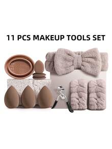 11PCS Makeup Tools Set Including:1pc Hairband+2PCS Hand Bowl Strap+1pc Eyelash Curler+3PCS Circular Powder Puffs+3PCS Mini Air Cushion Powder Puffs+1pc Makeup Brush Cleaning Tools - Khaki - View 12