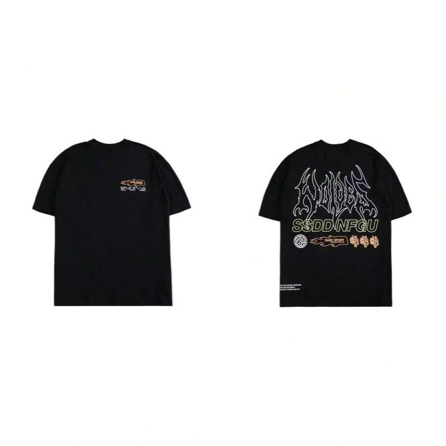 DARCSPORT American Hip-Hop Street Style Printed Short-Sleeve T-Shirt Summer Loose Top - T250616黑色 - 查看 1