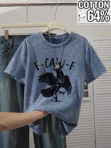 Cotton Plus Size Women's Acid Wash Short Sleeve Tee For Daily Wear, Versatile Casual Round Neck Style With Cartoon Eagle Print, Suitable For Ladies In Spring, Summer And Autumn. Black - Black - View 1