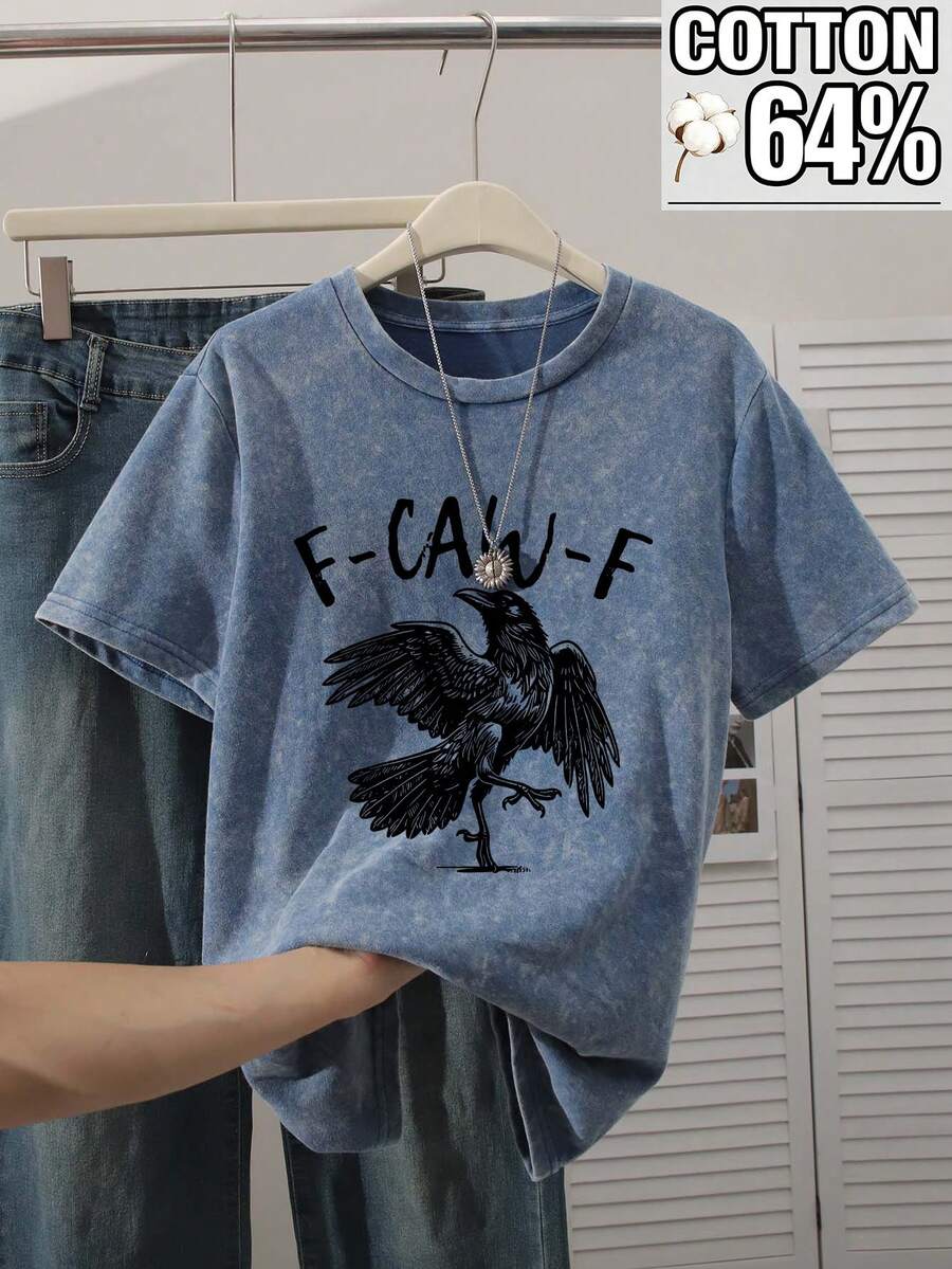 Cotton Plus Size Women's Acid Wash Short Sleeve Tee For Daily Wear, Versatile Casual Round Neck Style With Cartoon Eagle Print, Suitable For Ladies In Spring, Summer And Autumn. Black - Black - View 1