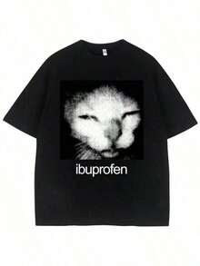 COOL SUMMER Vintage Funny Ibuprofen Cat Meme Graphic T Shirt Men men Humor Fashion T Shirts Oversized Cotton Casual Streetwear T-Shirts - Negro - Ver 1