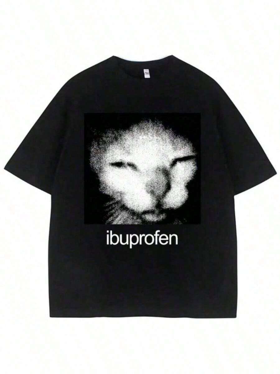 COOL SUMMER Vintage Funny Ibuprofen Cat Meme Graphic T Shirt Men men Humor Fashion T Shirts Oversized Cotton Casual Streetwear T-Shirts - Negro - Ver 1