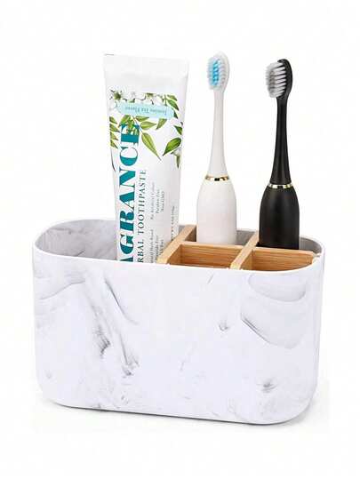 五格竹制牙刷架兼浴室台面收纳架（可放置电动牙刷和牙膏） - 大理石纹理储物架兼水槽边置物架。适用于浴室、卫生间和卧室，这款节省空间的设计有多种颜色可选，可与任何季节或装饰风格相搭配，是高效的桌面收纳工具。