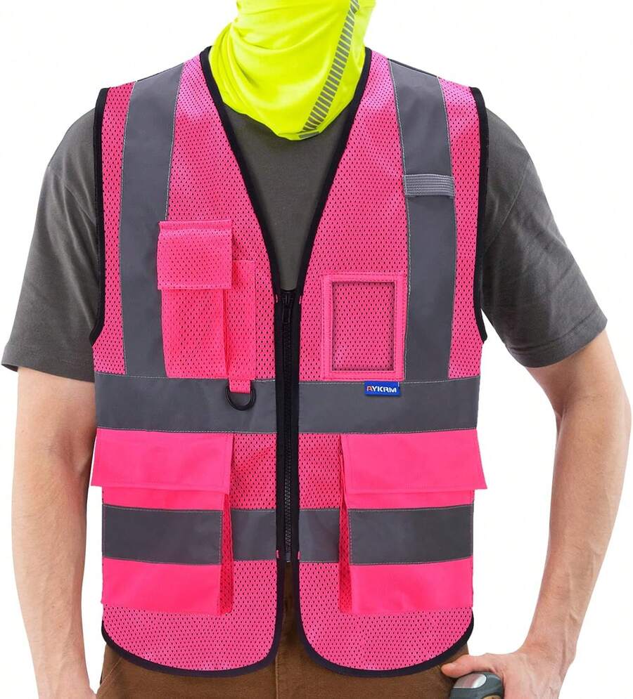 Pink Reflective Safety Vest For Women, Working Safety Gear With Strips, High Visibility Work Vest For Construction, Medium - Pink - View 1