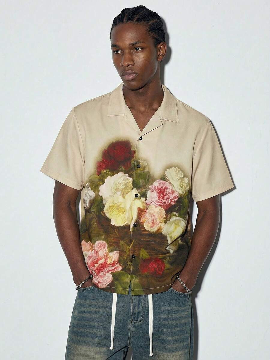 男士夏季短袖玫瑰印花 Polo 衫，时尚上衣，春夏皆宜，复古美式风格，男女皆宜，宽松版型夏季服装——适合日常穿着和夏季度假穿着。 - 杏色 - 查看 1