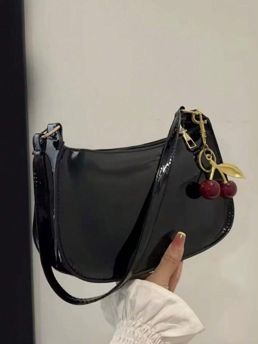 Elegancy Patent Leather Shoulder Bag + Cherry Keychain - New Release - 黑櫻桃 - 查看 1