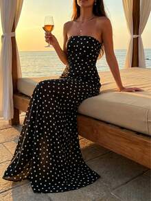 Plameo 优雅女士波点无肩带无袖雪纺连衣裙，修身A字廓形，无弹力面料，适合夏季场合/度假/海滩/约会，黑色 - 黑色 - 查看 2