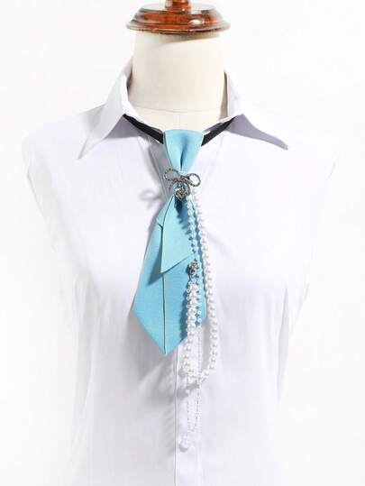 1pc Women's Fashion Casual Silver Metal Butterfly & Heart Pendant Pearl Chain Decor Solid Color Slouchy Tie, Suitable For School, Date Outfit