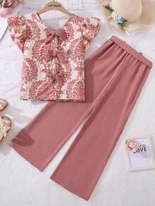 Left Mama Girls' Elegant Vintage Floral Print Cap Sleeve Top With Bow Decor And Casual Pants Set, Summer - Pink - View 3
