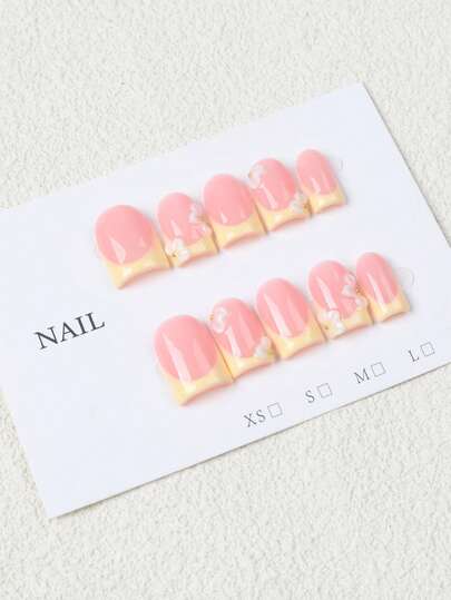10pcs Pink & Yellow Ombre Nail Stickers, Sweet Girl Style, Includes 3D Cream Bow & Golden Pearl Decor, Reusable Full Cover Fake Nails, Suitable For Dates, Daily Wear, And Gifts For Women & Girls
