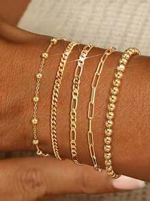 5 piezas de pulseras apilables elegantes chapadas en oro, joyas minimalistas y lindas para mujeres - Paquete de 5 dorados. - Ver 5