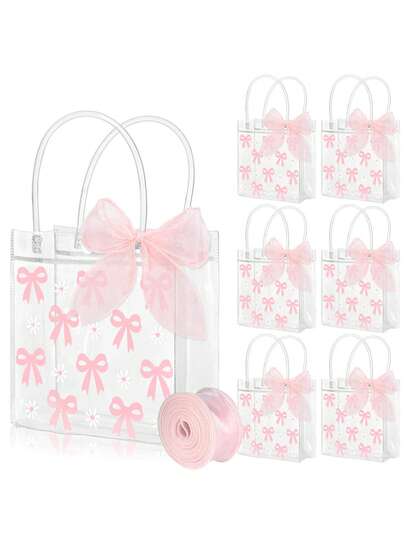 Set de 7 piezas - Bolsas de regalo de cinta de PVC transparente con lazo y margarita rosa, bolsas de fiesta con lazo y flor de margarita, bolsas de regalo para el Día de la Madre, bolsas de regalo de caramelos con lazo, bolsas de regalo de fiesta de cumpleaños con tema de lazo rosa, decoración para despedida de soltera y fiesta nupcial