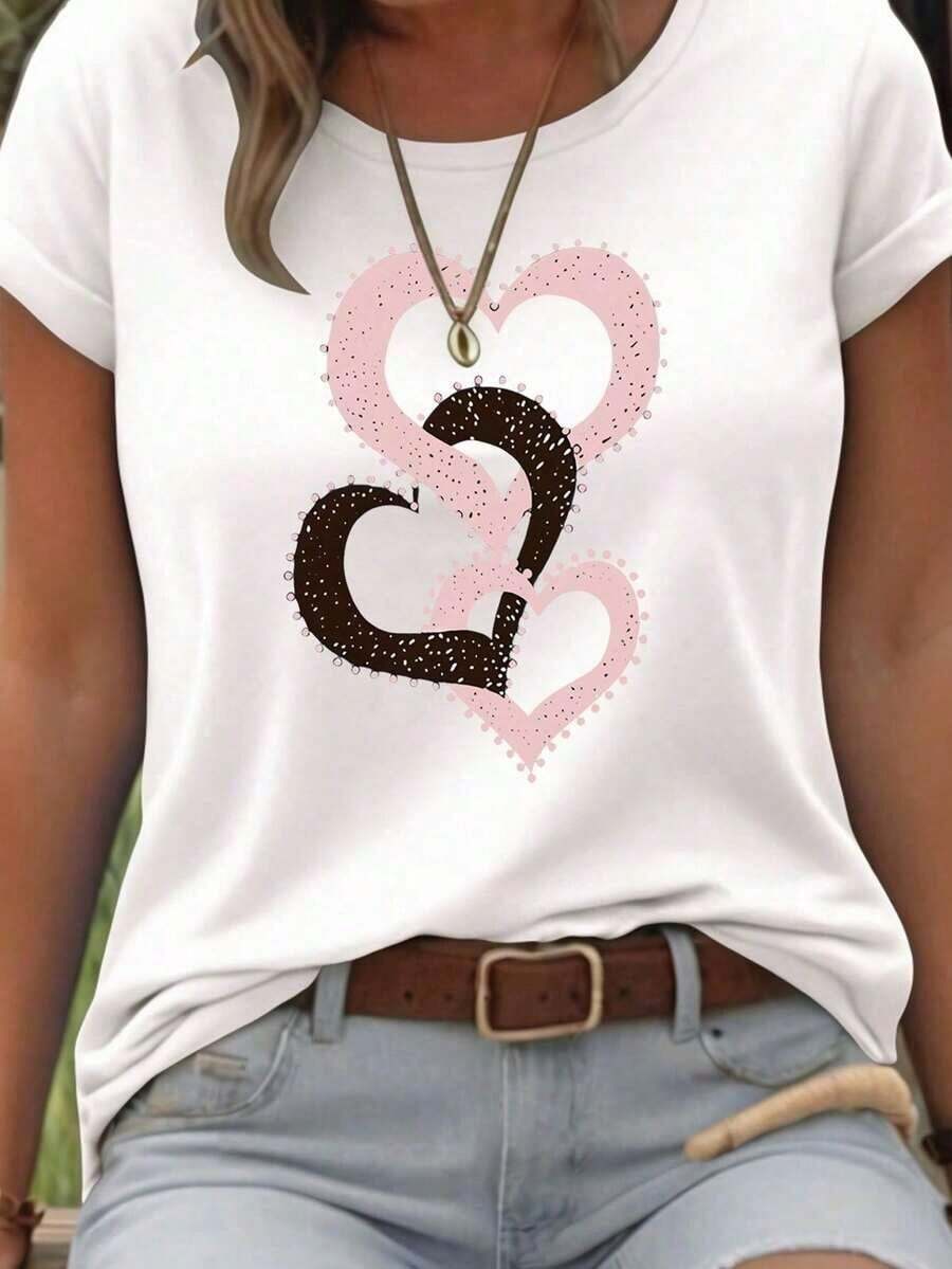 Women's Casual Short-Sleeved T-Shirt With Round Neck And Heart Print For Summer, New Year's Clothing, Graphic T-Shirt For Women - 白色的 - 查看 1