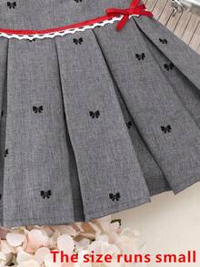 2pcs Young Girls' Solid Color Sleeveless Collared Fitted Top & Butterfly Embroidery Lace Trim Pleated Mini Skirt Set, Summer Outfit - Burgundy - View 6