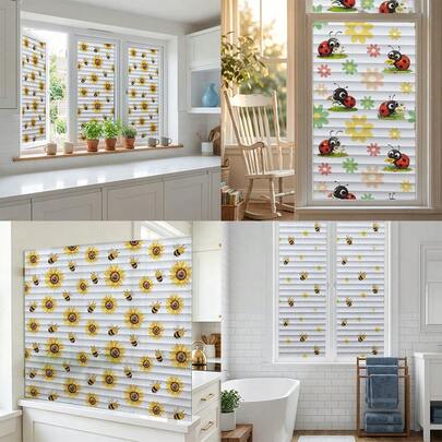 1pc Summer Nature Style Faux Blinds Static Window Film. Sunflower Bee Floral Pattern. Waterproof PVC Material Light Filtering Privacy Cover. For Kitchen Bedroom Bathroom And Home Decor.