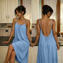 This Romantic, Solid-Color, Backless, Pleated Spaghetti Strap Dress Is Perfect For A Summer Vacation In Hawaii, And Also Suitable As A Summer Dress Or Afternoon Tea Dress. - Baby Blue - View 1