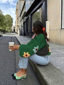Plus Size 2026 Autumn/Winter Soft Wool Knit Sweater, Slouchy Cardigan With Colorful Floral Embroidery - Green - View 3