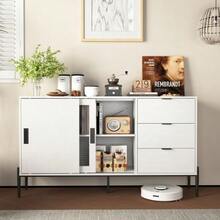 Modern Sideboard With Sliding Glass Door And 3 Drawers, Console Table For Entryway, Kitchen Sideboard For Hallways, Entrances, Kitchens, Studies, White - White - View 2