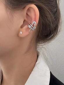 1pc Versatile Copper Micro-Inlaid Adjustable Ear Clip, Unique Star Design, Suitable For Women's Daily Wear, Valentine's Day, Mother's Day, Holiday Gift - Silver - View 2