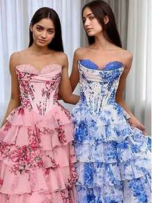 MisShow Elegant Sleeveless Heart Shape Maxi A-Line Dress For Women, Floral Print Layered Tiered Formal Gown For Prom And Ball Events - Màu xanh nhạt - Xem 4