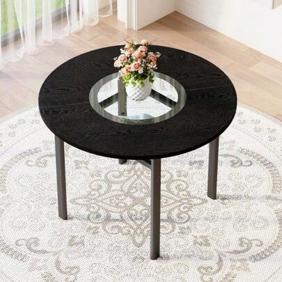 Modern Minimalist Round Esstisch, 100 Cm Durchmesser, Schwarze Holzmaserung Auf Der Tischplatte, Geeignet Für 2–4 Personen (Mit Grauer Glaseinlage Und Metallenem Stabilitätsgestell).