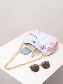 Sequin Floral Embroidered Women's Shoulder Bag, Metal Chain Strap, Suitable For Evening, Party, Wedding - Multicolor - View 6