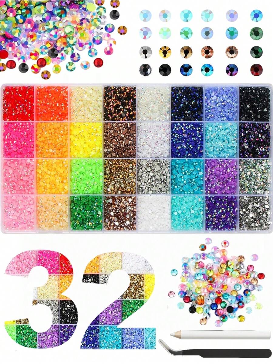 32 colores de rhinestones de resina para decorar, gemas planas multicolor de 3mm para manualidades, kit de decoración con diamantes para ropa, zapatos, uñas y arte con diamantes - Multicolor - Ver 1