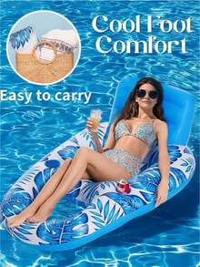 Inflatable Lounge Chair | Extra Large Blue & Pink Maple Leaf Pattern | Durable PVC Material With Backrest And Cup Holder | Comfortable Inflatable Furniture For Summer Parties And Beach Relaxation - Multiple Styles - View 2