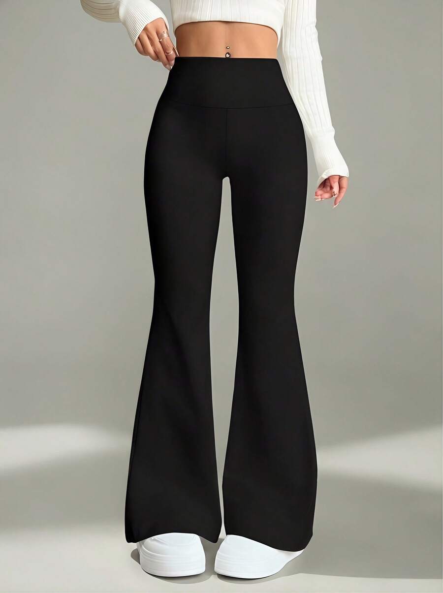 PETITE 纯色高腰喇叭直筒裤 - 黑色 - 查看 1