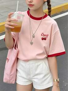 樱桃刺绣圆领T恤，适合青少年女孩，撞色短袖休闲T恤，适合日常穿着和度假。 - 粉色 - 查看 1