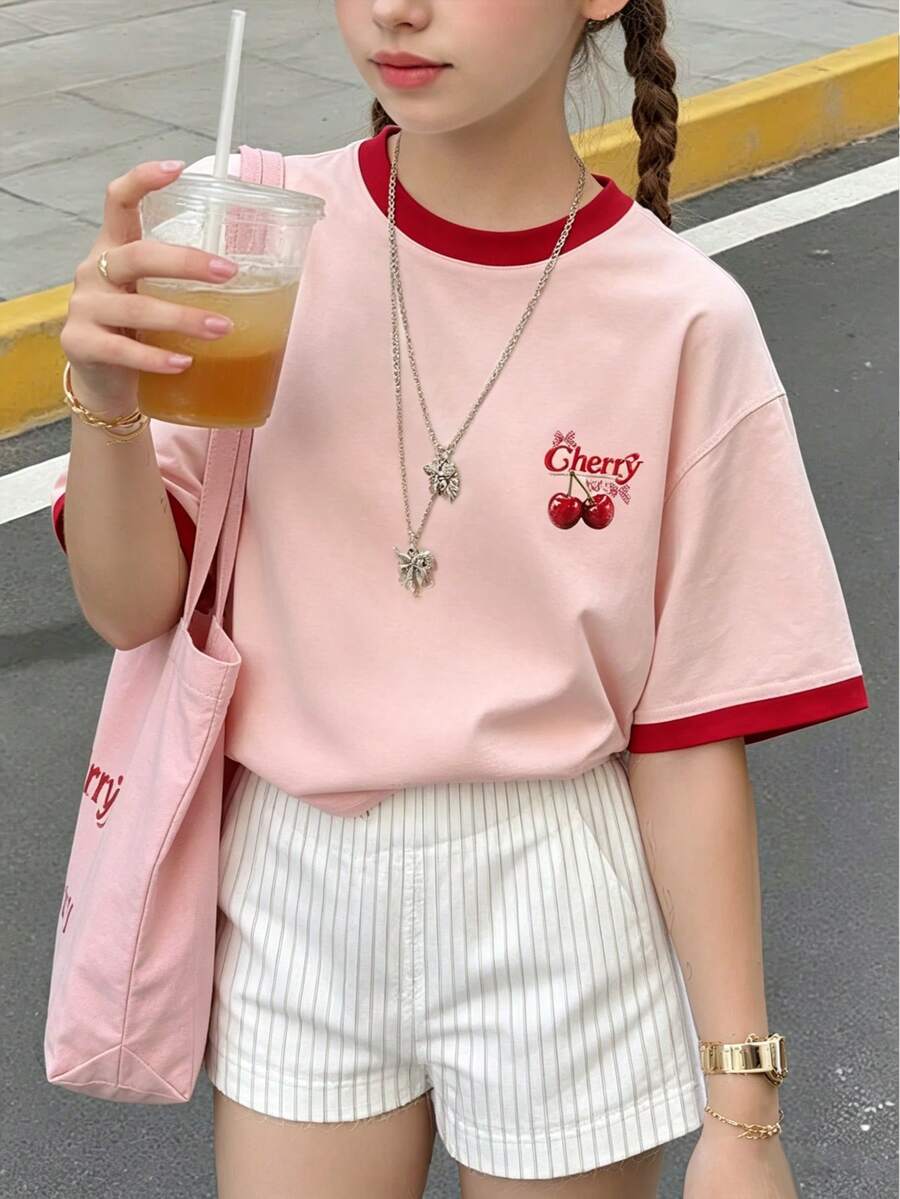 樱桃刺绣圆领T恤,适合青少年女孩,撞色短袖休闲T恤,适合日常穿着和度假。 - 粉色 - 查看 1