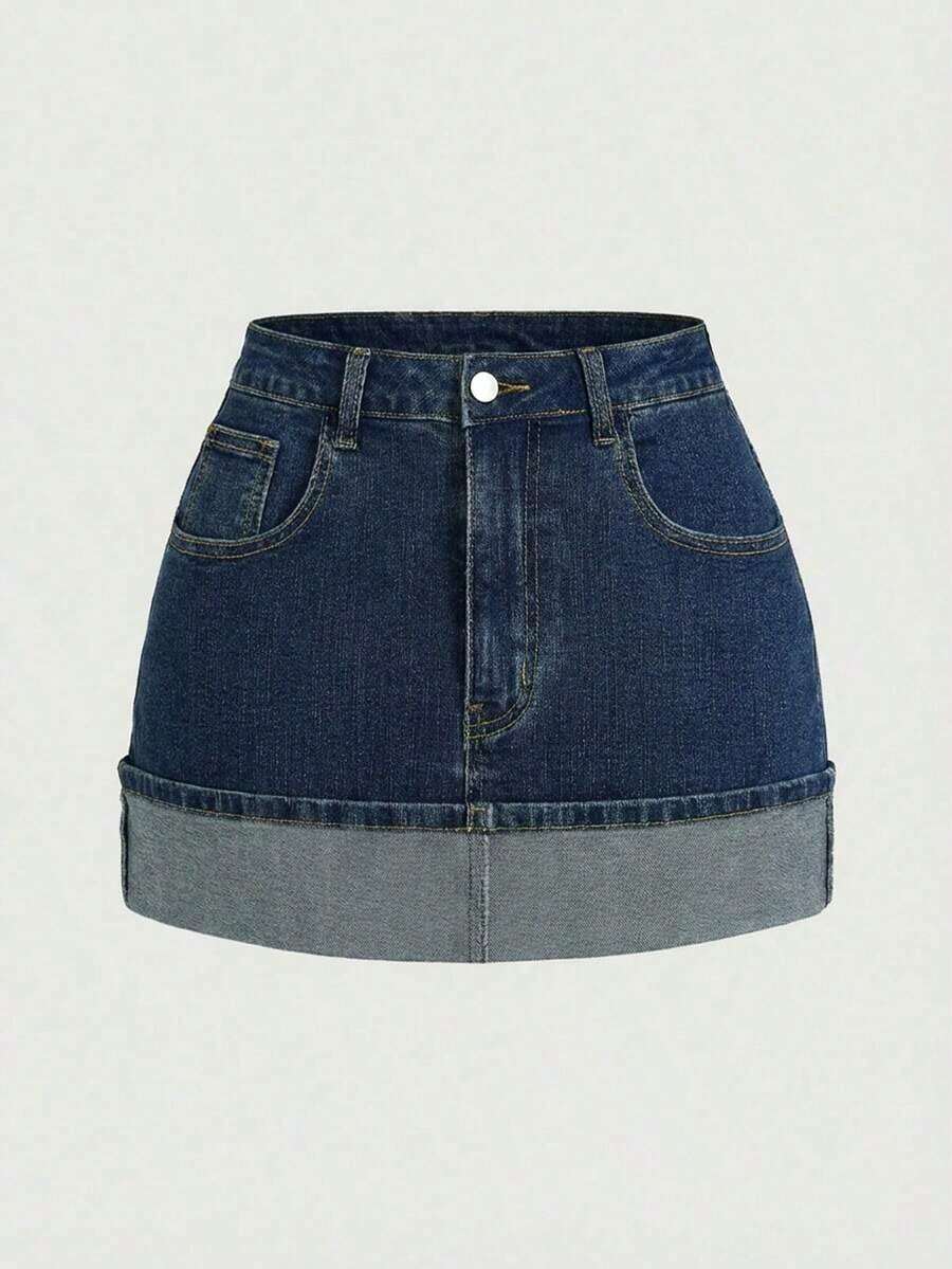 Women's Solid Color Casual Fashion Versatile Denim Skirt With Belt Loop - Azul 3 - Ver 1
