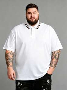 AnChiStreetwear 大尺碼男士休閒純色短袖 Polo 衫，適合街頭穿搭、戶外、室內、日常通勤、高爾夫、馬術、夏季 - 白色 - 查看 2