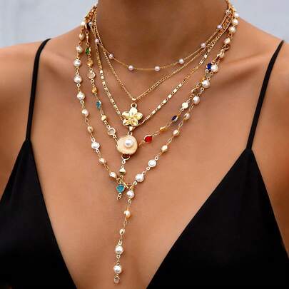4/5pcs Bohemian Vintage Faux Shell Colorful Crystal Flower & Faux Pearl Y-Necklace Set, Suitable For Beach, Date, Daily Wear, New Versatile Accessory, Birthday & Mother's Day Gift