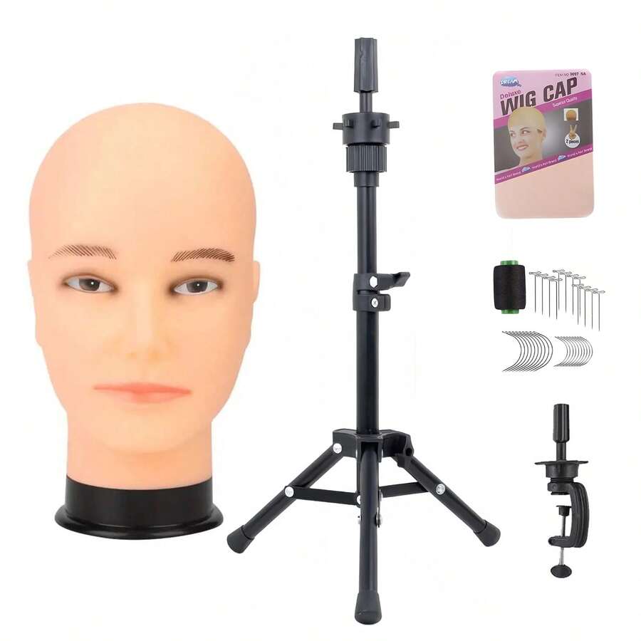 Mô hình đầu người dùng để làm tóc giả, mũ, kính, mặt nạ, cũng như thực hành trang điểm và thiết kế kiểu tóc, đi kèm với giá đỡ và bộ dụng cụ đội tóc giả. - Xem 1