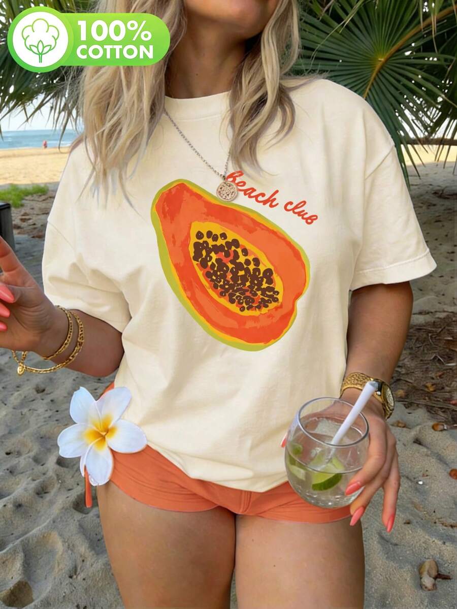 Shirt, Retro Graphic T-Shirt, Pawpaw Heat Transfer Printing Women's Pure Cotton Short-Sleeved T-Shirt Fruit Lover , Aesthetic Fruit T-Shirt, Gardener Farmer's Tee.Summer - 杏色 - 查看 1